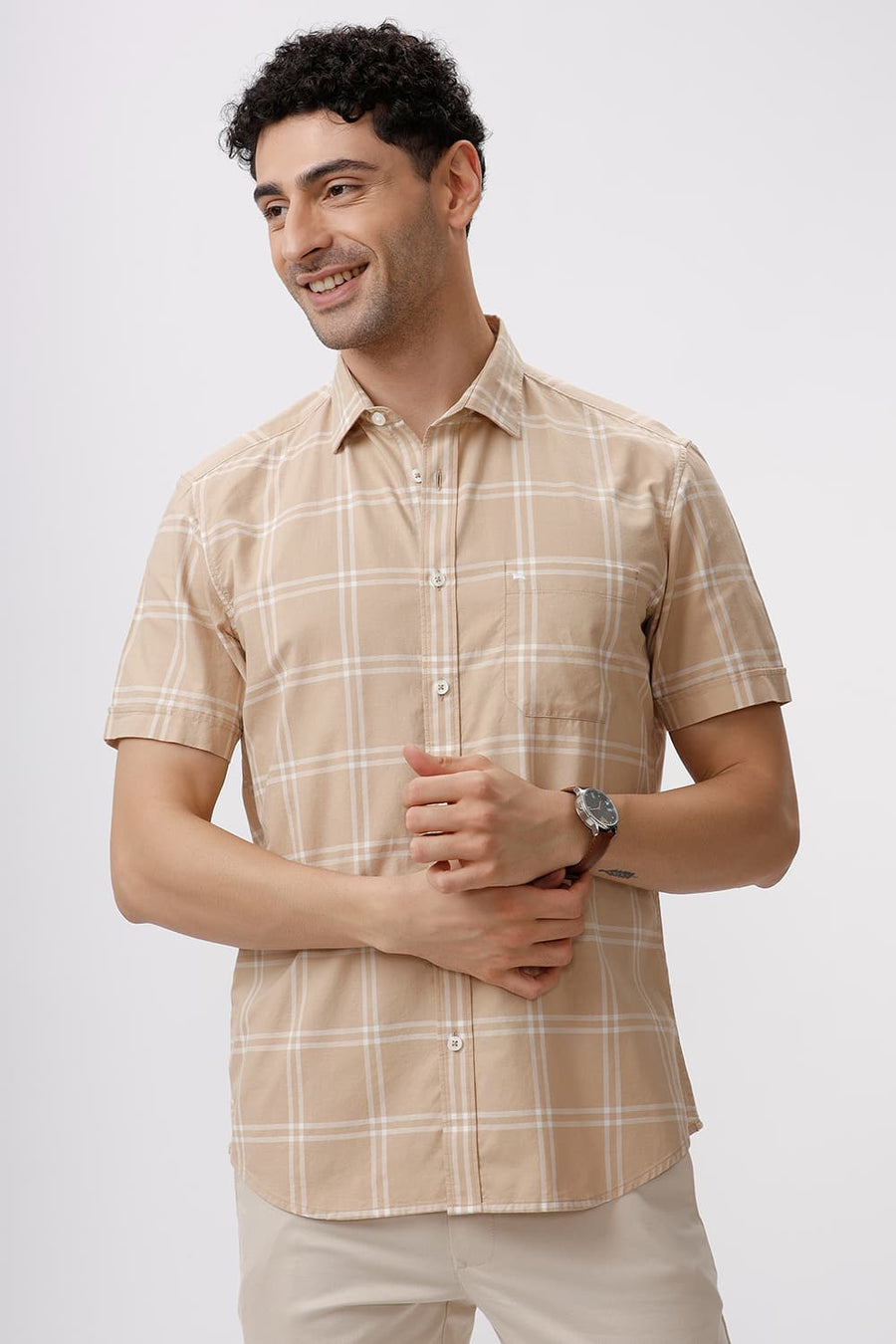 BASICS SLIM FIT BEIGE SAND COTTON OXFORD CHECKS HALFSLEEVES SHIRT