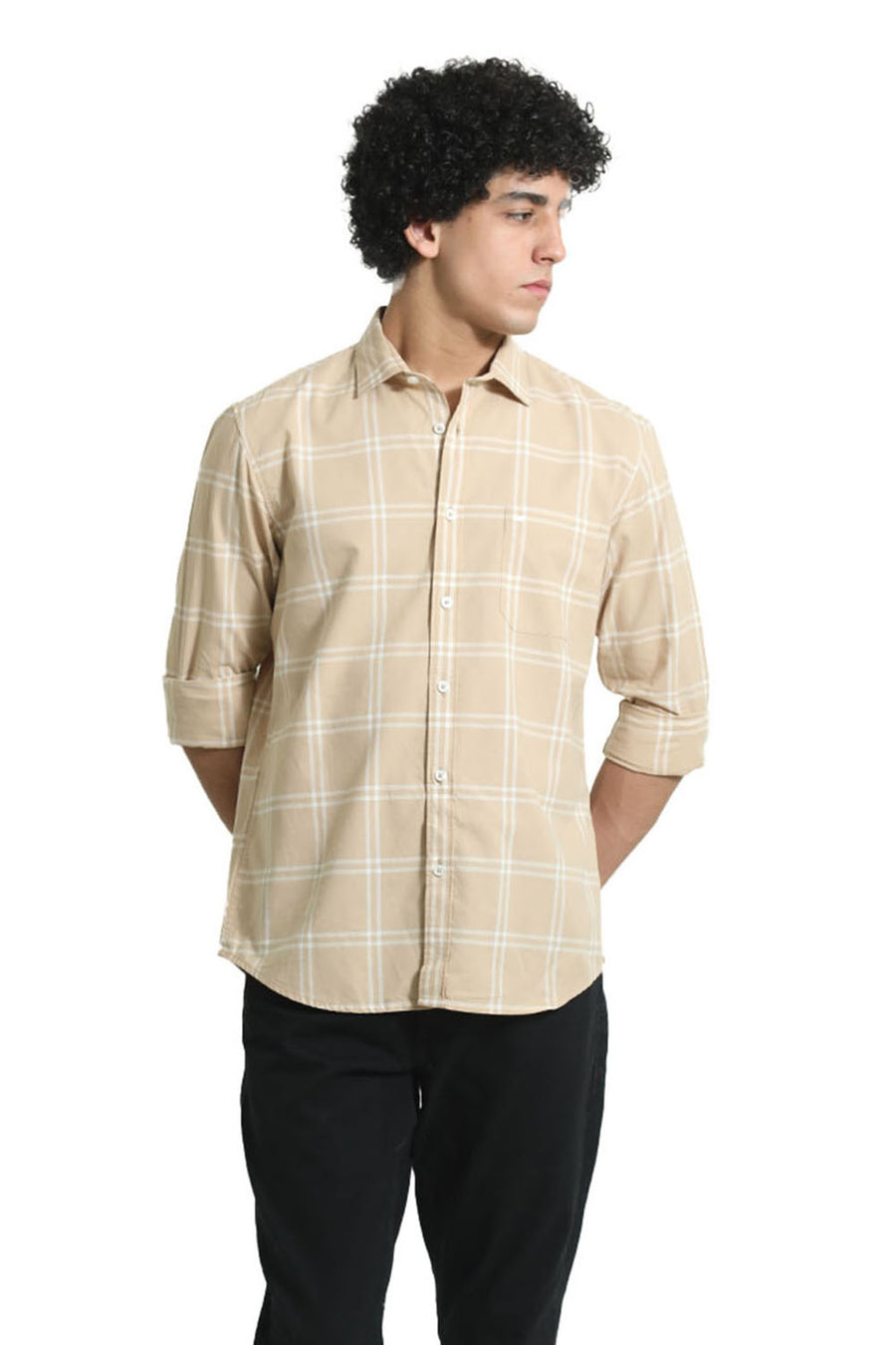 BASICS SLIM FIT BEIGE SAND COTTON OXFORD CHECKS SHIRT