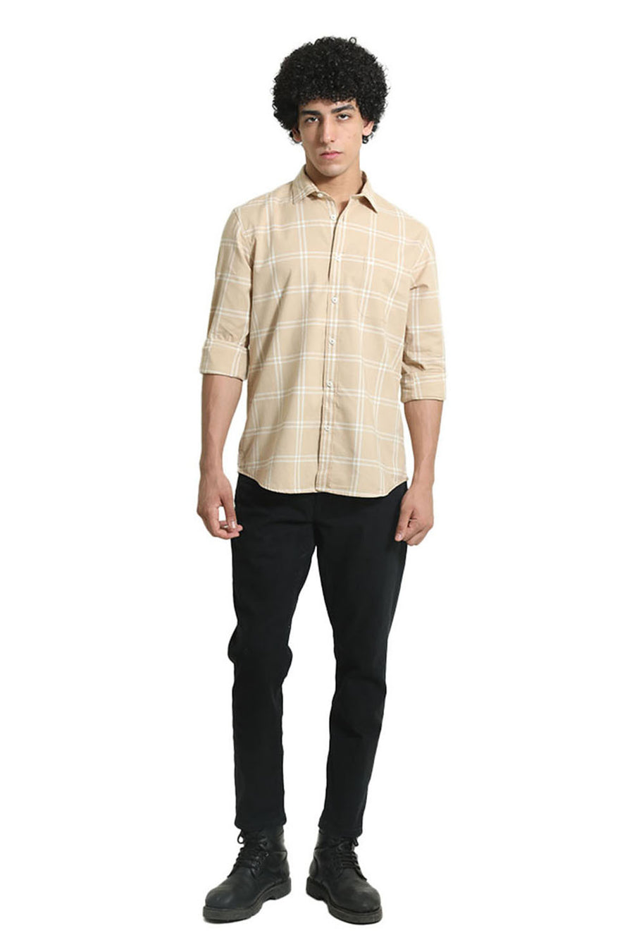 BASICS SLIM FIT BEIGE SAND COTTON OXFORD CHECKS SHIRT