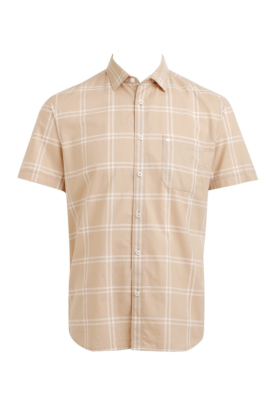 BASICS SLIM FIT BEIGE SAND COTTON OXFORD CHECKS HALFSLEEVES SHIRT