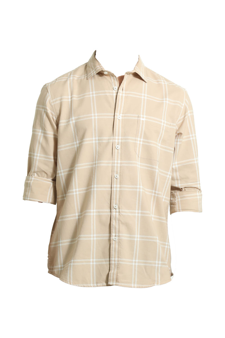 BASICS SLIM FIT BEIGE SAND COTTON OXFORD CHECKS SHIRT