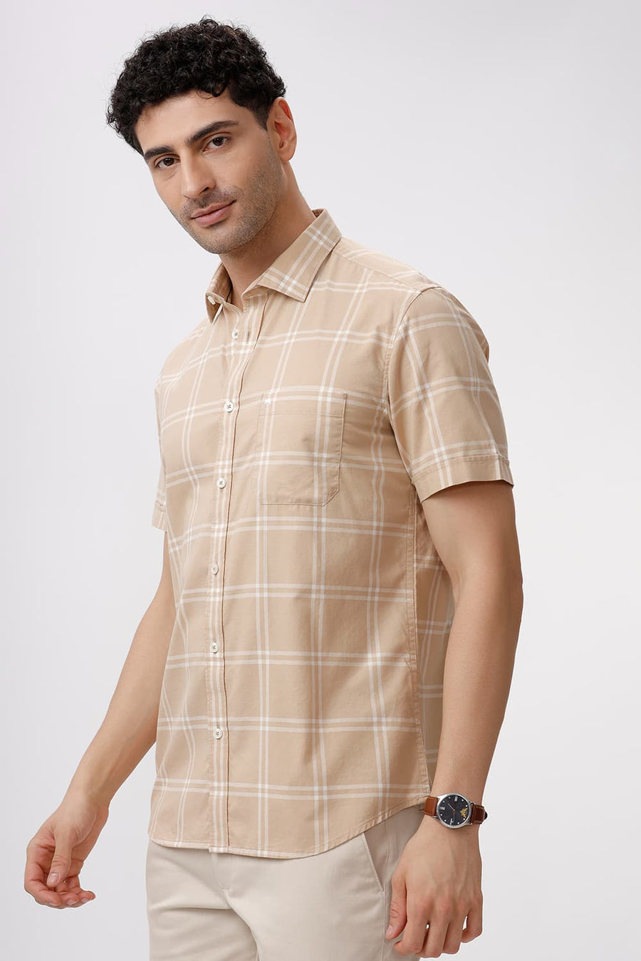 BASICS SLIM FIT BEIGE SAND COTTON OXFORD CHECKS HALFSLEEVES SHIRT
