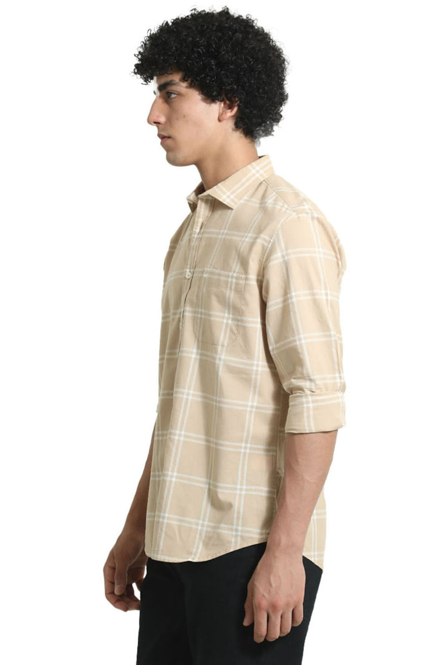 BASICS SLIM FIT BEIGE SAND COTTON OXFORD CHECKS SHIRT