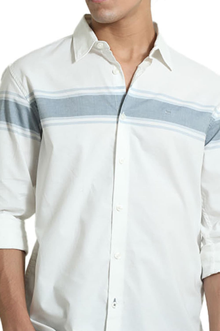 BASICS SLIM FIT AEGEAN GREY COTTON OXFORD STRIPE SHIRT