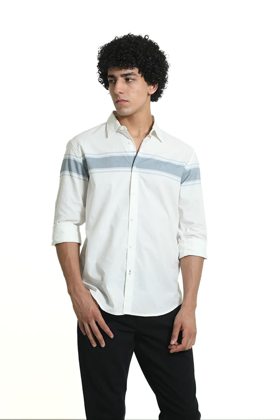 BASICS SLIM FIT AEGEAN GREY COTTON OXFORD STRIPE SHIRT
