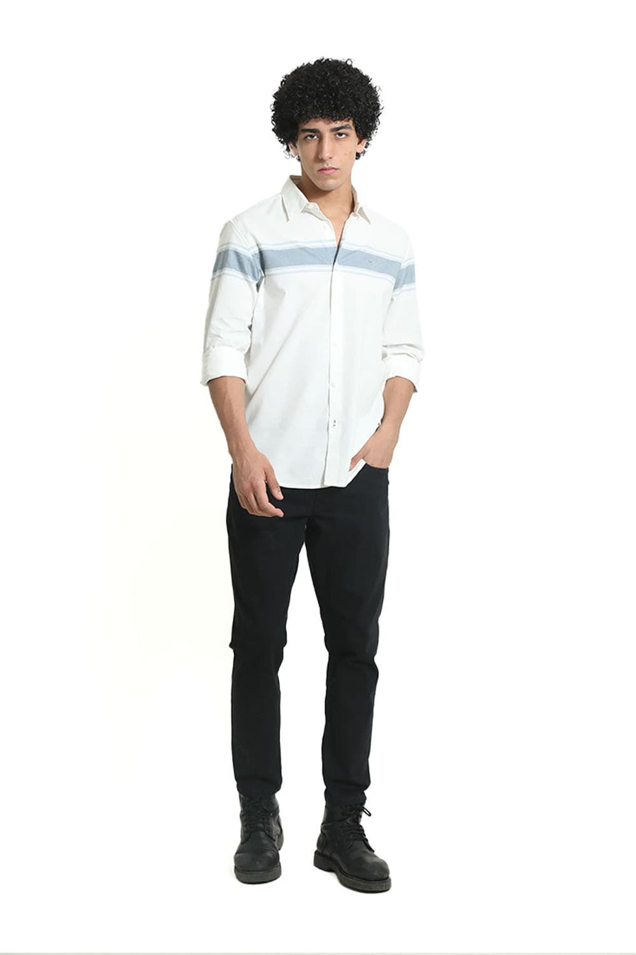 BASICS SLIM FIT AEGEAN GREY COTTON OXFORD STRIPE SHIRT