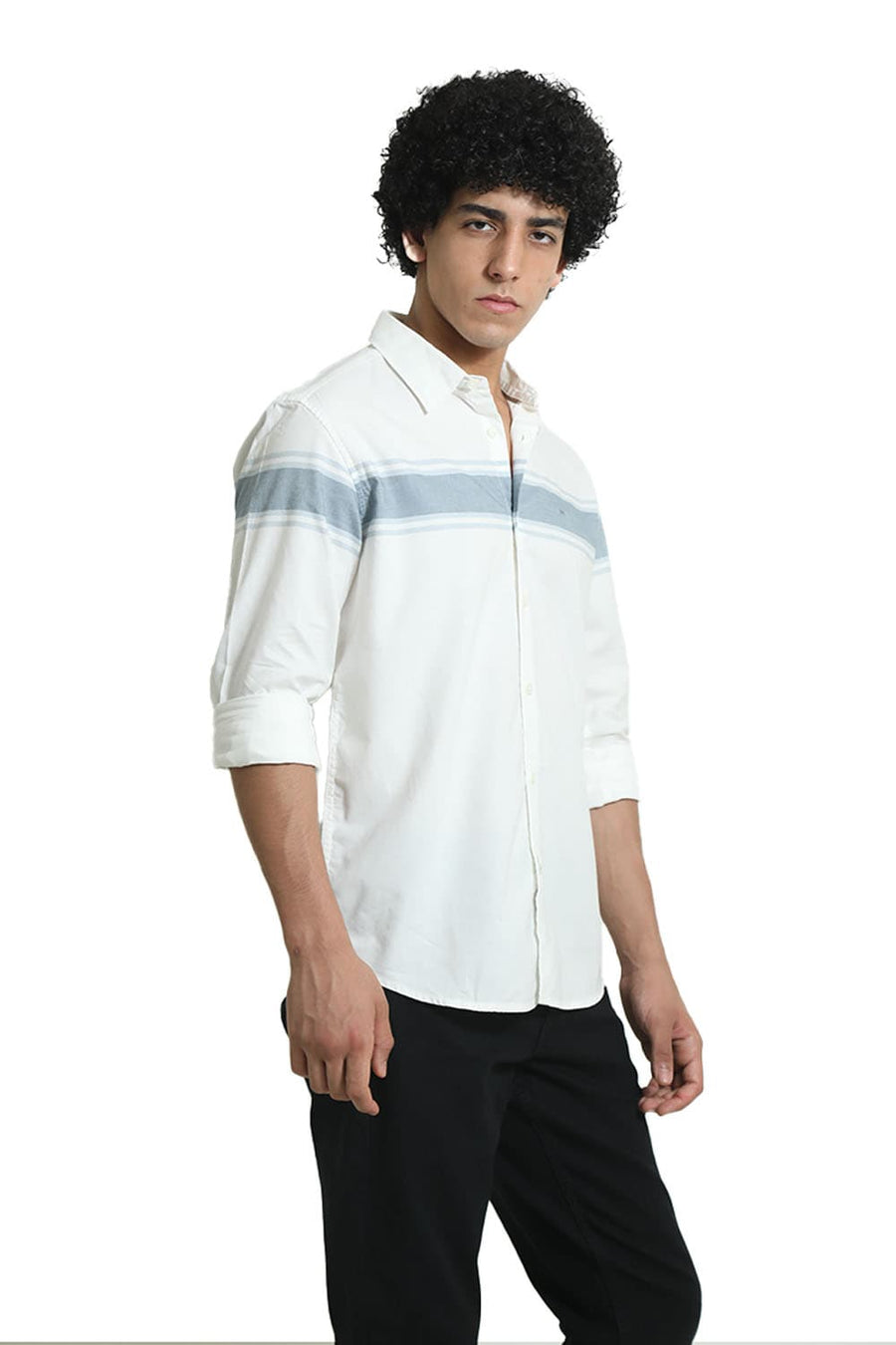 BASICS SLIM FIT AEGEAN GREY COTTON OXFORD STRIPE SHIRT