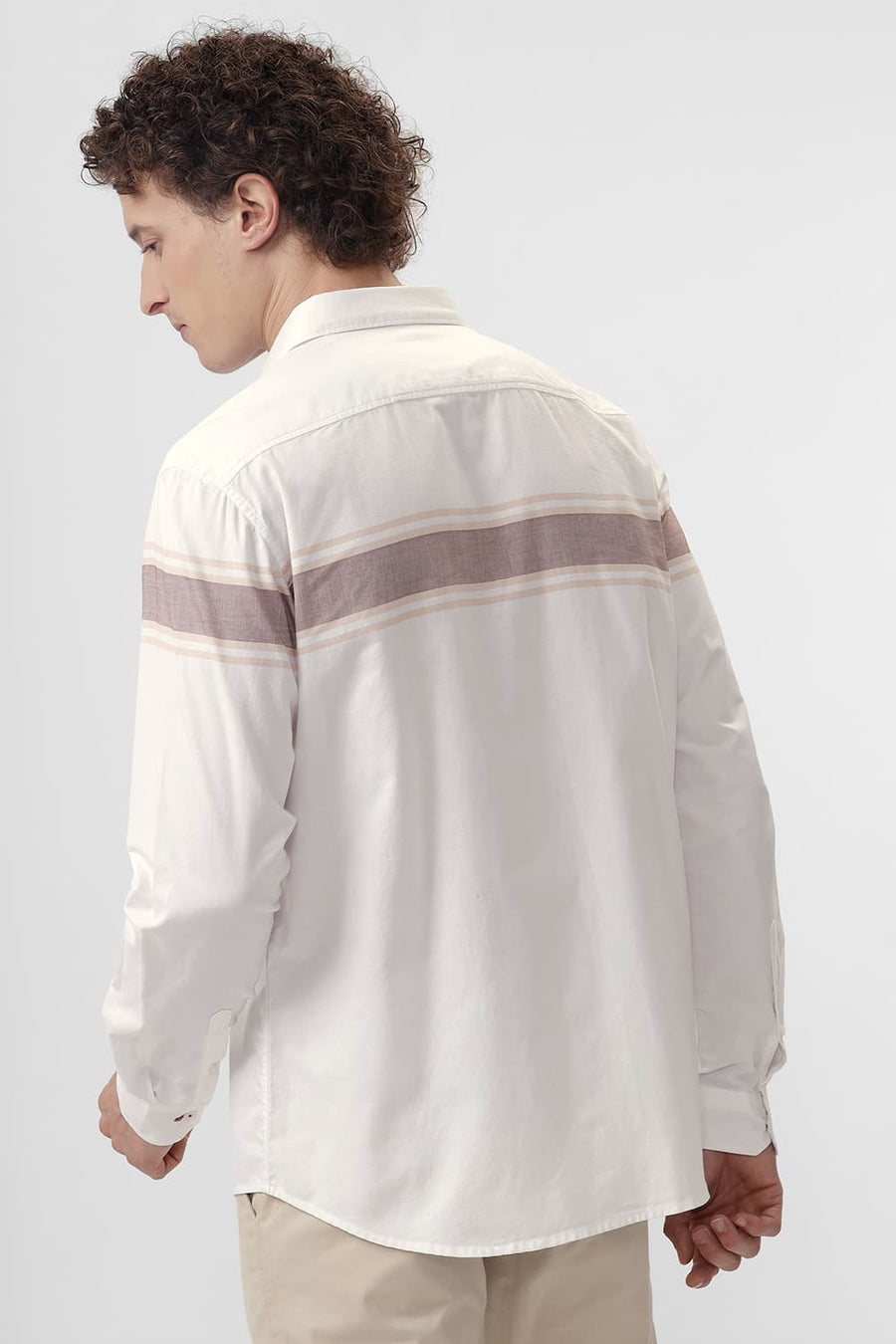 BASICS SLIM FIT MUSTANG BROWN COTTON OXFORD STRIPE SHIRT