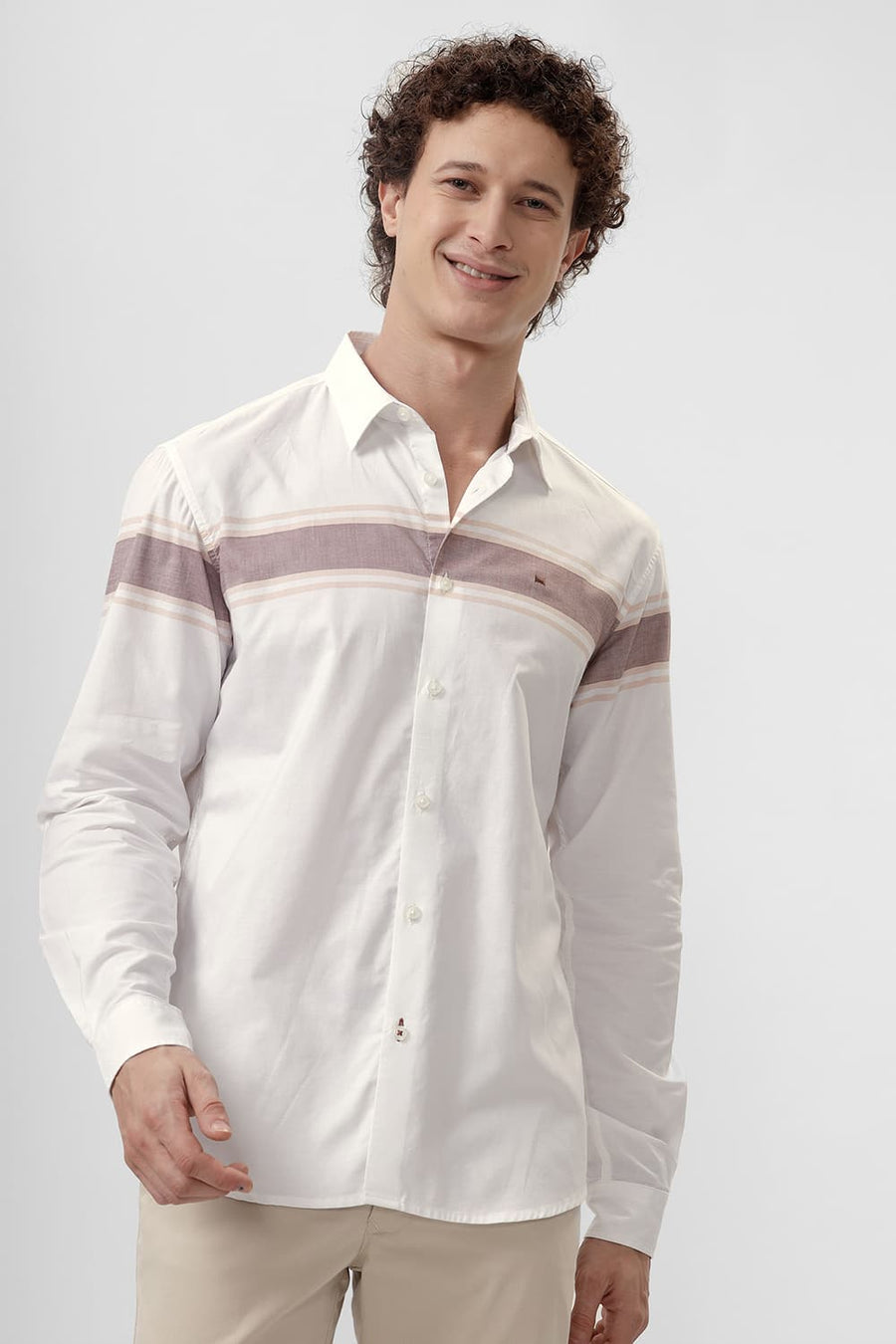 BASICS SLIM FIT MUSTANG BROWN COTTON OXFORD STRIPE SHIRT