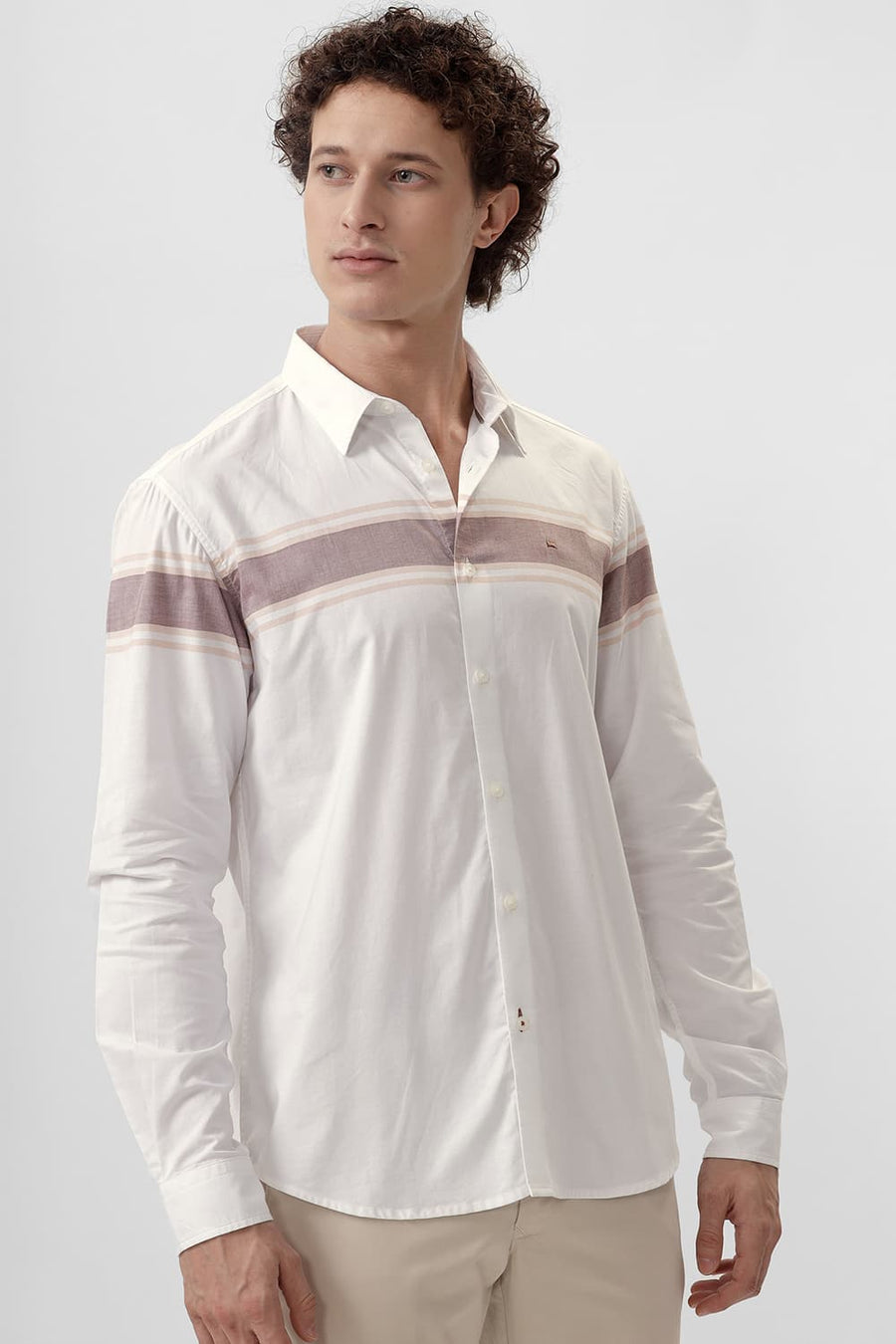 BASICS SLIM FIT MUSTANG BROWN COTTON OXFORD STRIPE SHIRT