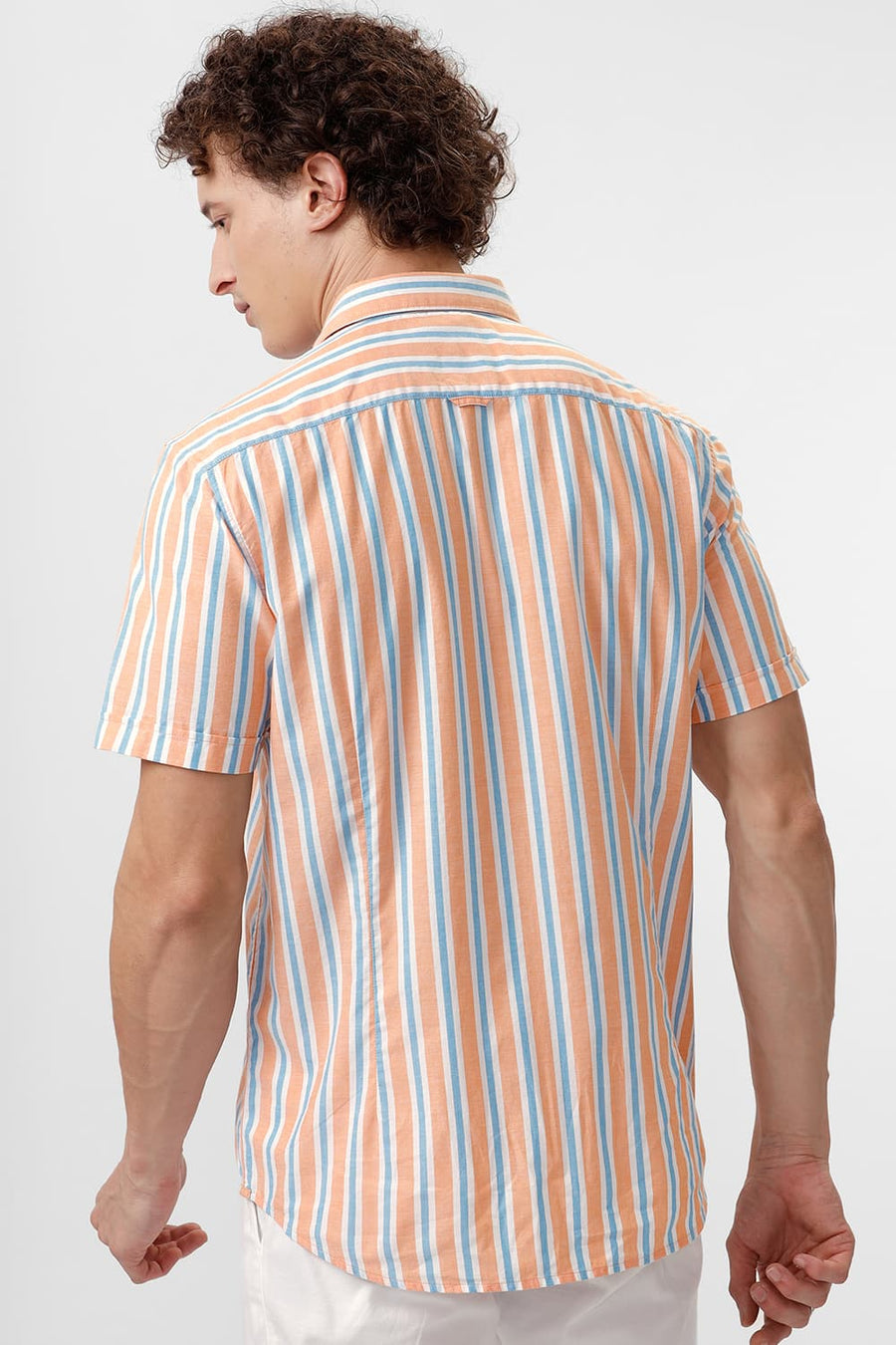 BASICS SLIM FIT APRICOT YELLOW COTTON OXFORD STRIPE HALFSLEEVES SHIRT