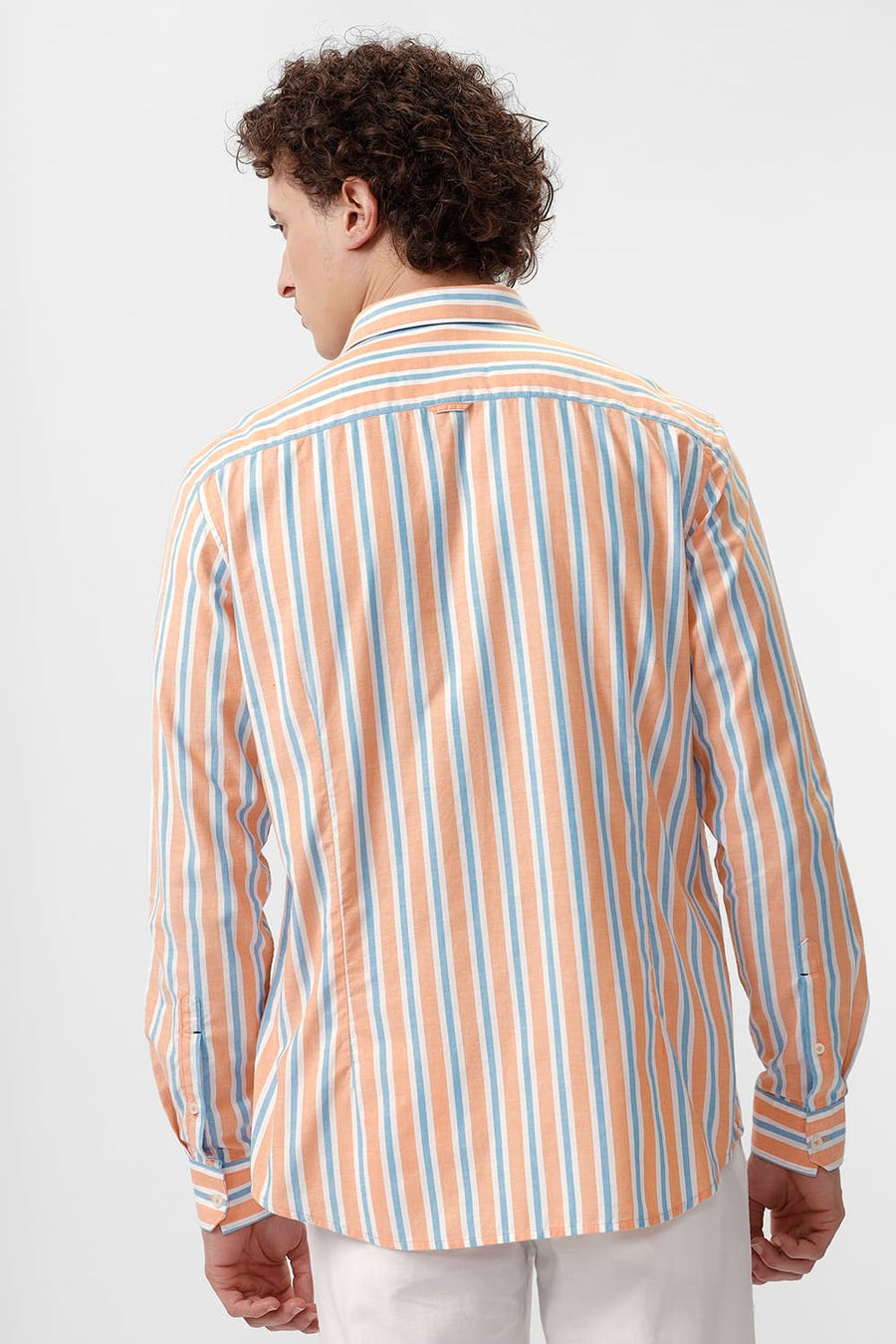 BASICS SLIM FIT APRICOT YELLOW COTTON OXFORD STRIPE SHIRT
