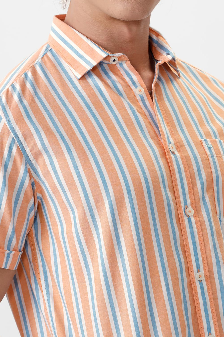 BASICS SLIM FIT APRICOT YELLOW COTTON OXFORD STRIPE HALFSLEEVES SHIRT
