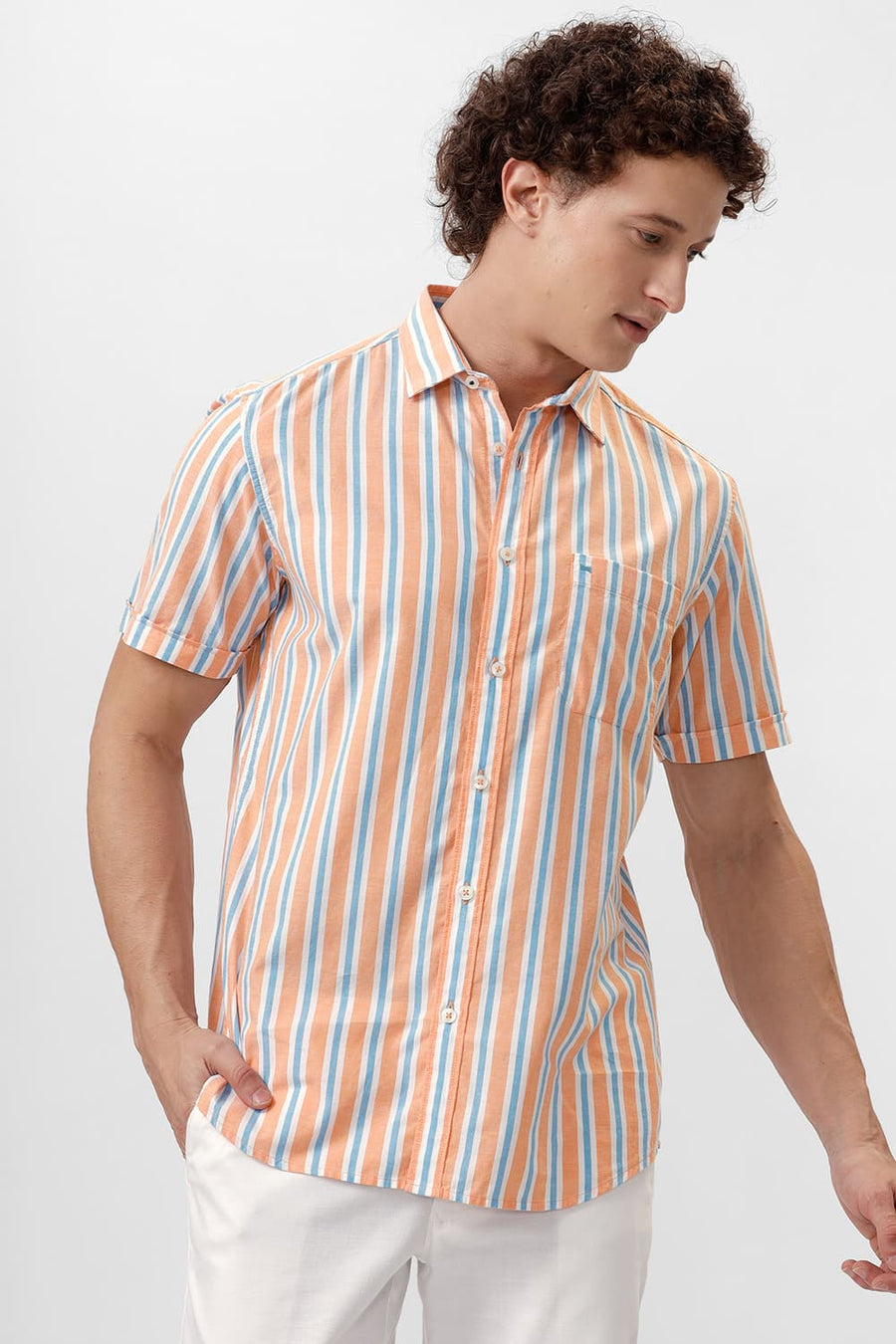 BASICS SLIM FIT APRICOT YELLOW COTTON OXFORD STRIPE HALFSLEEVES SHIRT