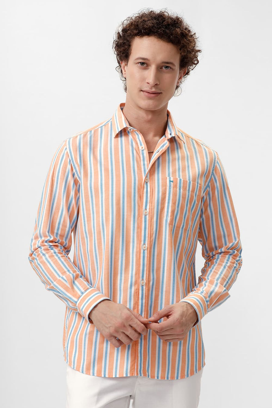 BASICS SLIM FIT APRICOT YELLOW COTTON OXFORD STRIPE SHIRT