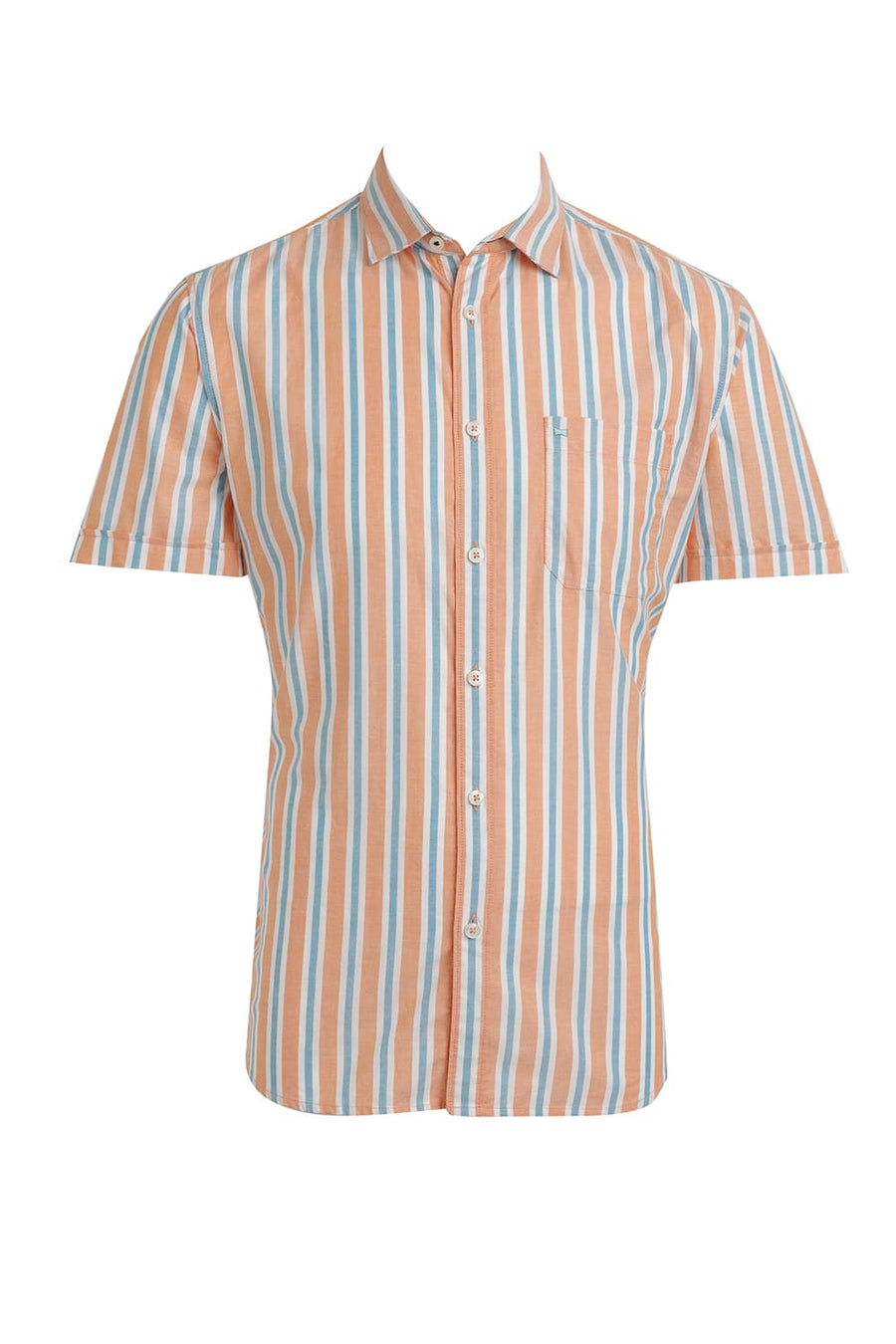 BASICS SLIM FIT APRICOT YELLOW COTTON OXFORD STRIPE HALFSLEEVES SHIRT