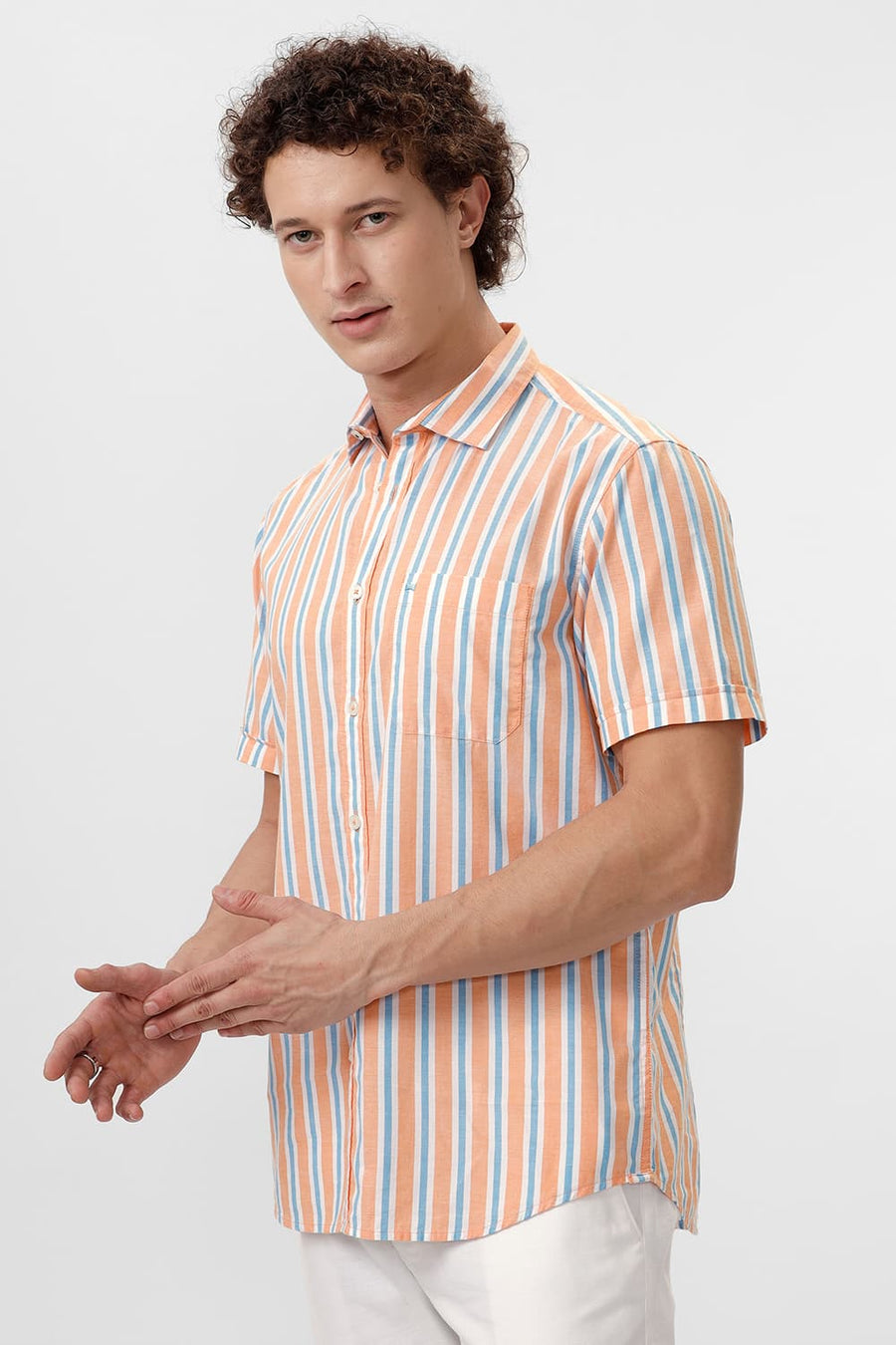 BASICS SLIM FIT APRICOT YELLOW COTTON OXFORD STRIPE HALFSLEEVES SHIRT