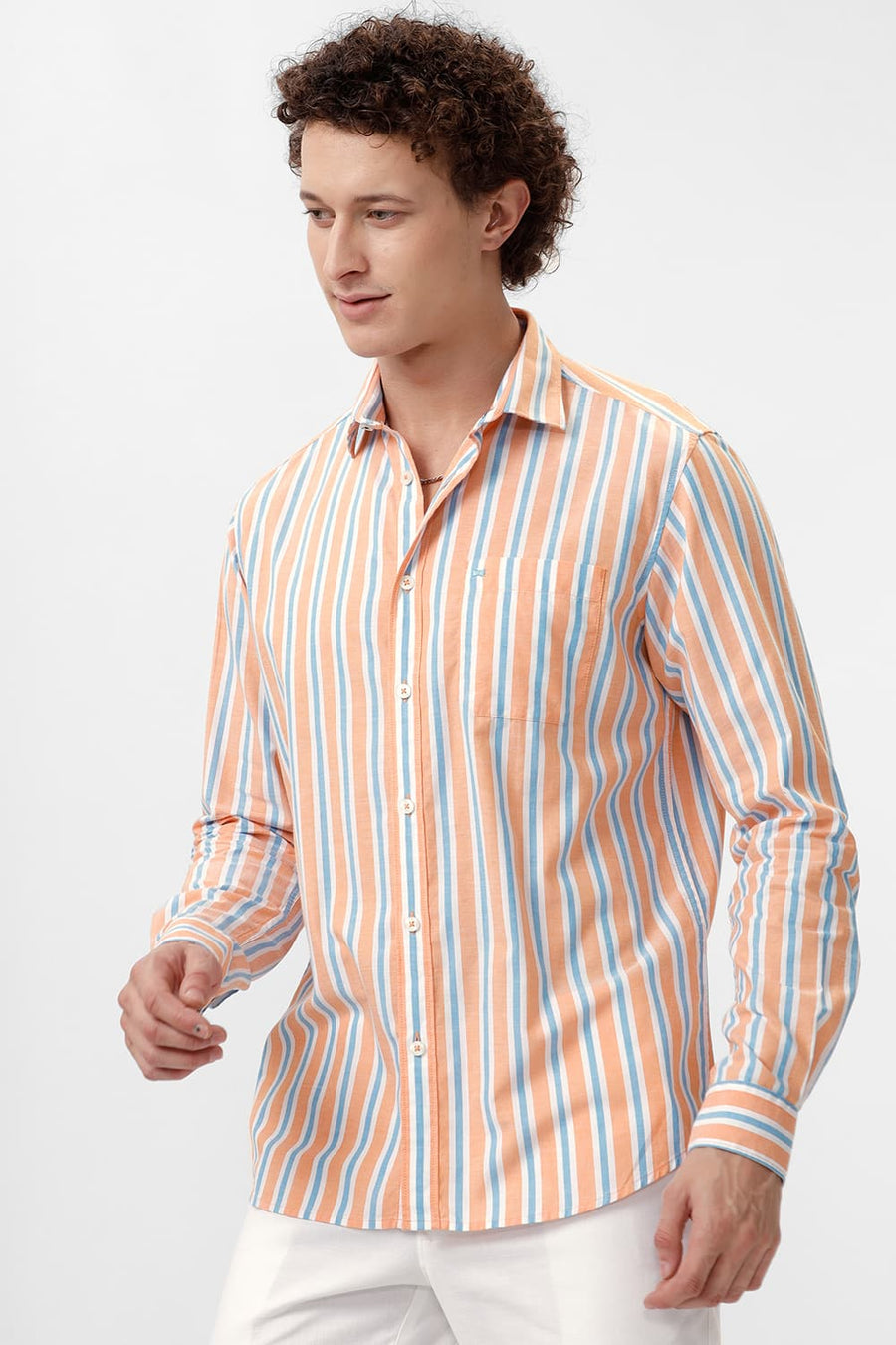 BASICS SLIM FIT APRICOT YELLOW COTTON OXFORD STRIPE SHIRT