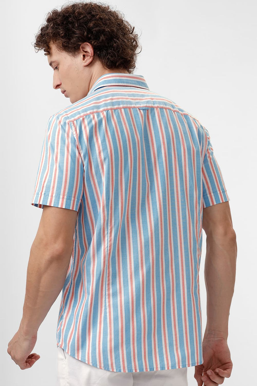 BASICS SLIM FIT BLUE DANUBE COTTON OXFORD STRIPE HALFSLEEVES SHIRT