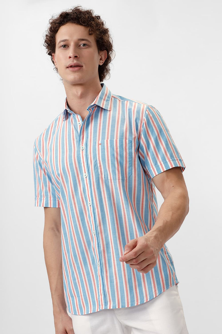 BASICS SLIM FIT BLUE DANUBE COTTON OXFORD STRIPE HALFSLEEVES SHIRT