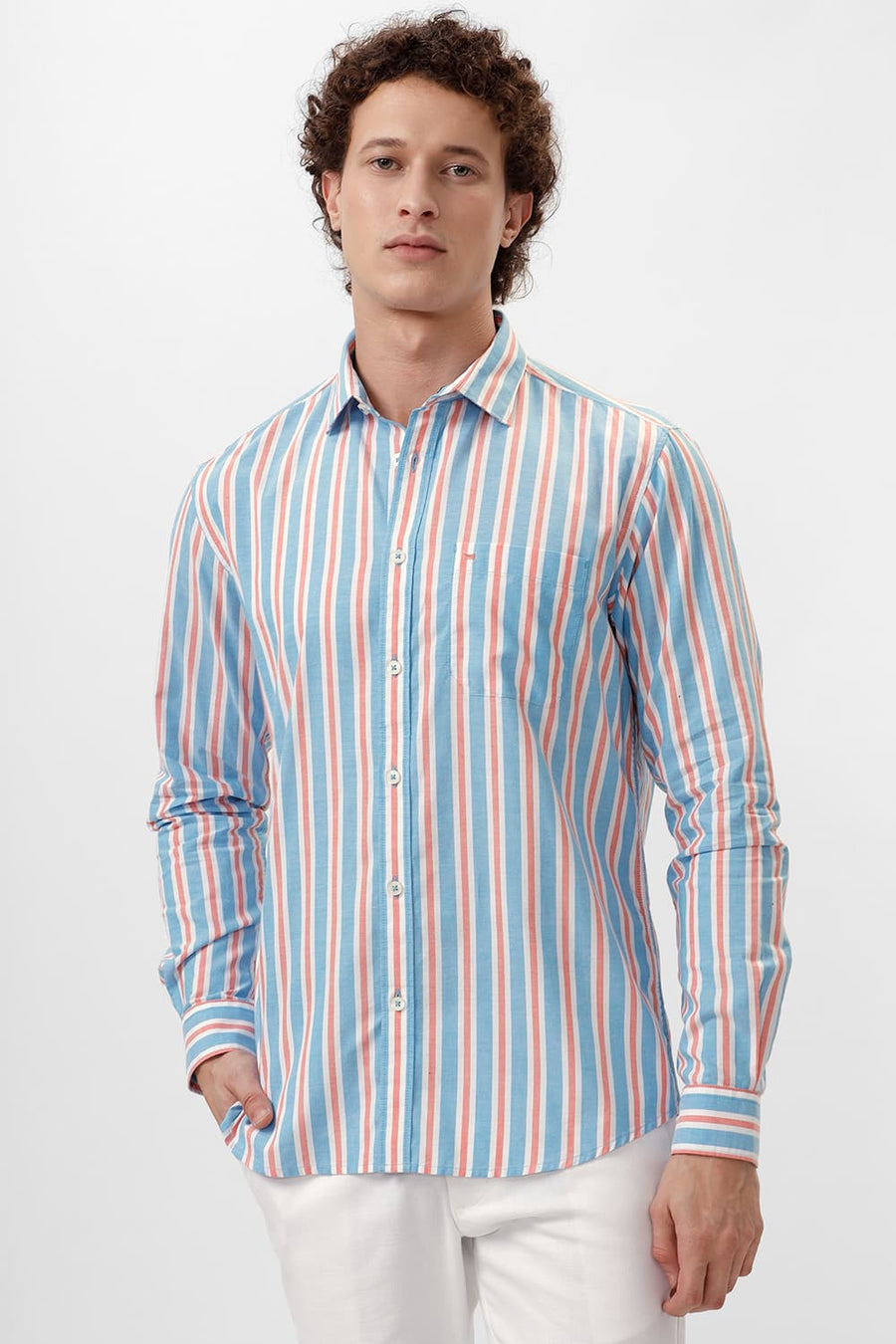 BASICS SLIM FIT BLUE DANUBE COTTON OXFORD STRIPE SHIRT