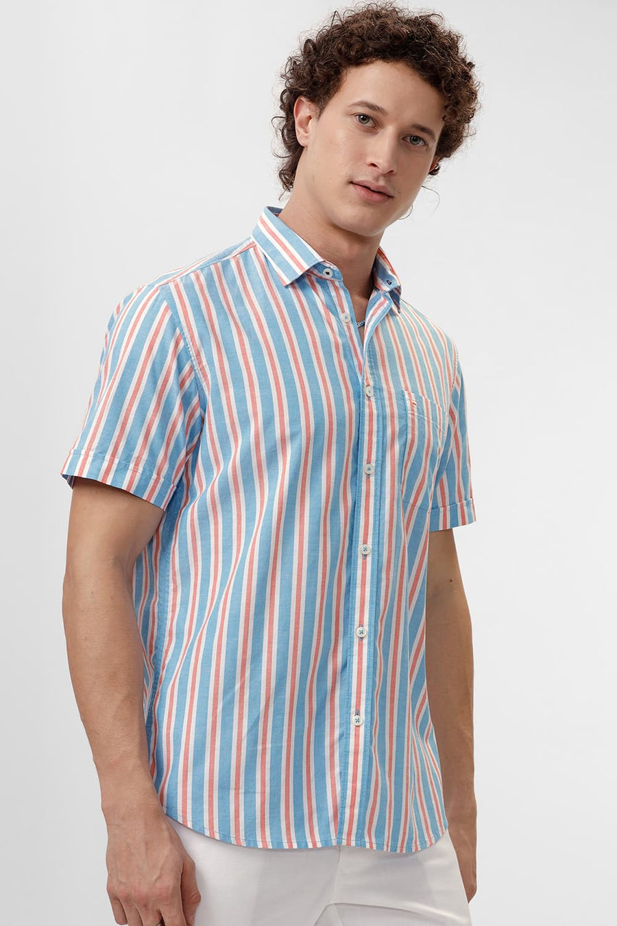 BASICS SLIM FIT BLUE DANUBE COTTON OXFORD STRIPE HALFSLEEVES SHIRT