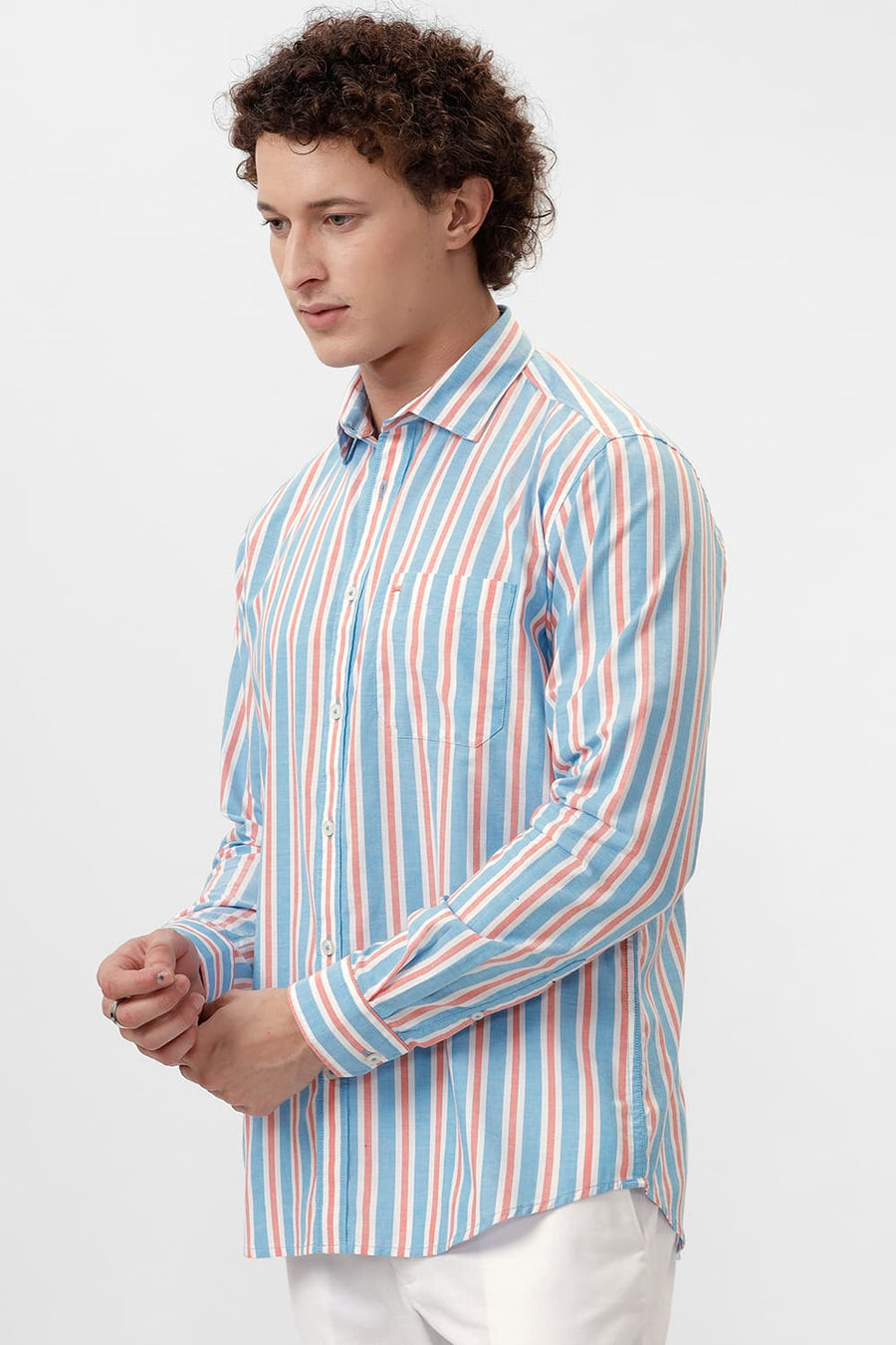 BASICS SLIM FIT BLUE DANUBE COTTON OXFORD STRIPE SHIRT