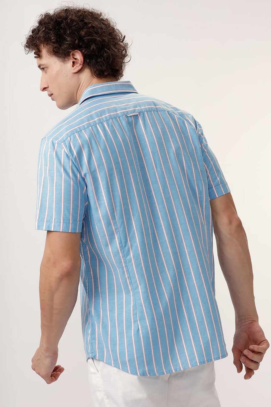 BASICS SLIM FIT JEWEL BLUE COTTON OXFORD STRIPE HALFSLEEVES SHIRT
