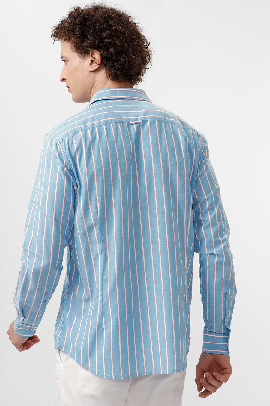BASICS SLIM FIT JEWEL BLUE COTTON OXFORD STRIPE SHIRT