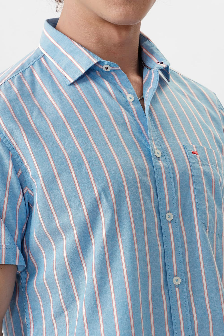 BASICS SLIM FIT JEWEL BLUE COTTON OXFORD STRIPE HALFSLEEVES SHIRT