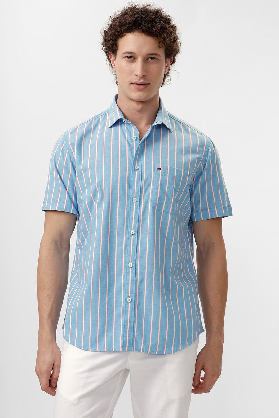 BASICS SLIM FIT JEWEL BLUE COTTON OXFORD STRIPE HALFSLEEVES SHIRT
