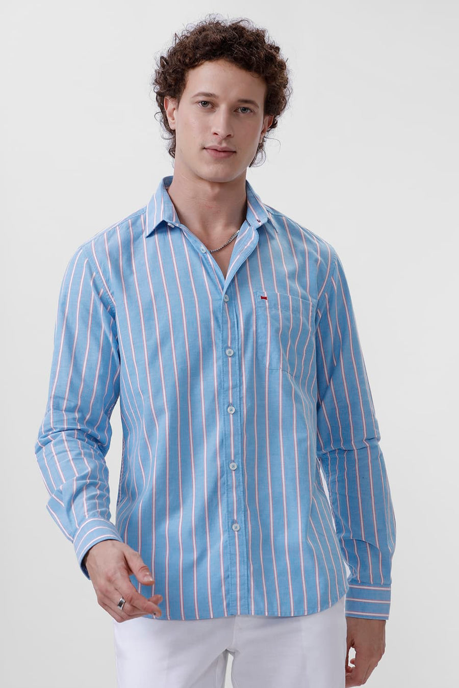 BASICS SLIM FIT JEWEL BLUE COTTON OXFORD STRIPE SHIRT