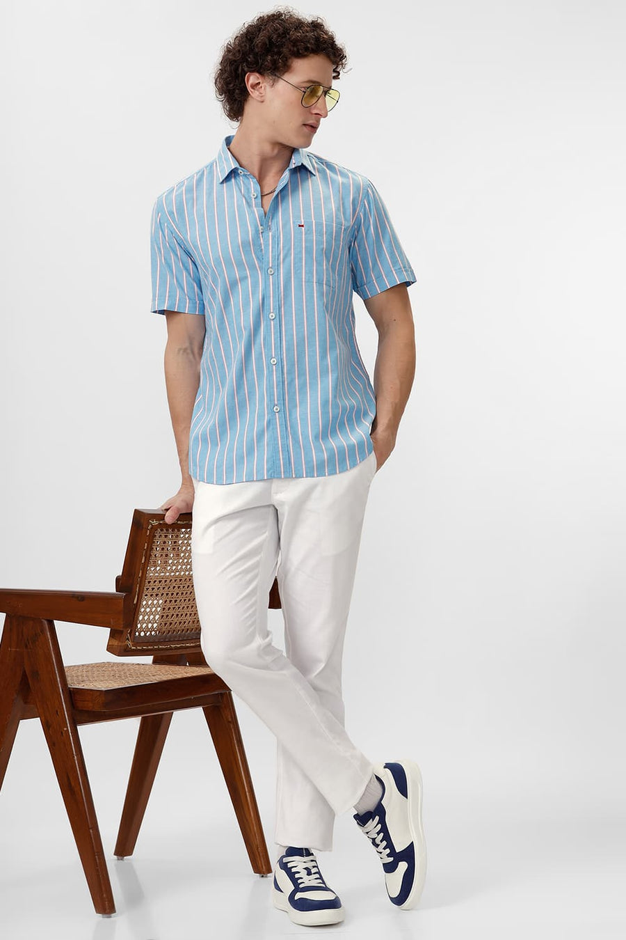 BASICS SLIM FIT JEWEL BLUE COTTON OXFORD STRIPE HALFSLEEVES SHIRT