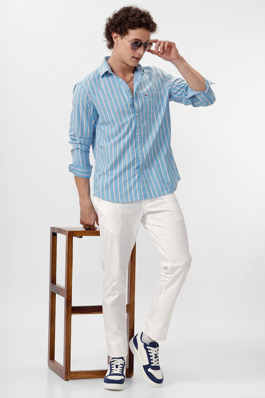 BASICS SLIM FIT JEWEL BLUE COTTON OXFORD STRIPE SHIRT