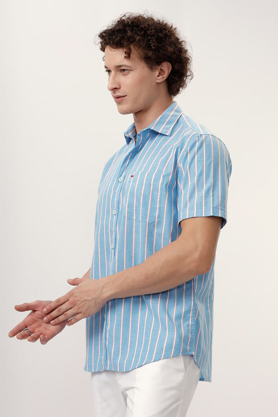 BASICS SLIM FIT JEWEL BLUE COTTON OXFORD STRIPE HALFSLEEVES SHIRT