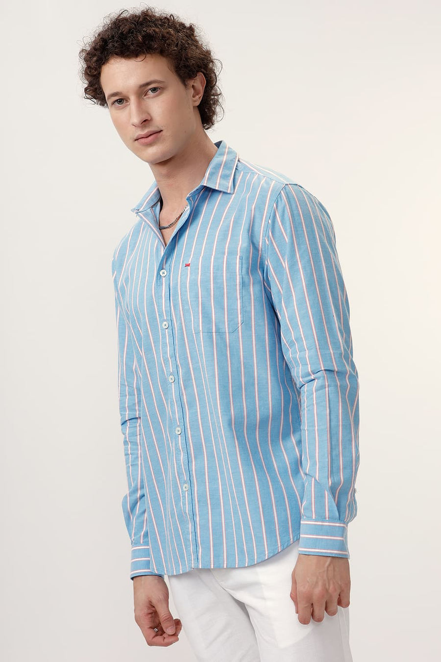 BASICS SLIM FIT JEWEL BLUE COTTON OXFORD STRIPE SHIRT