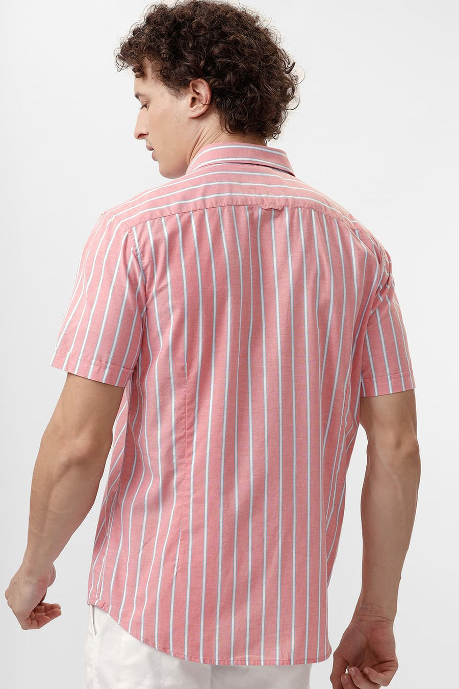 BASICS SLIM FIT PINK BLOSSOM COTTON OXFORD STRIPE HALFSLEEVES SHIRT