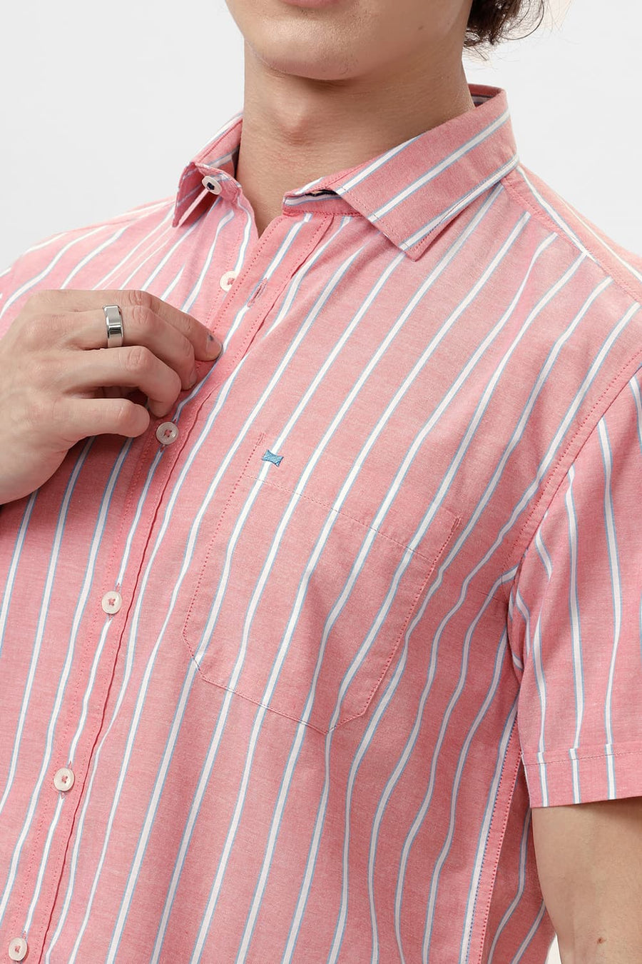 BASICS SLIM FIT PINK BLOSSOM COTTON OXFORD STRIPE HALFSLEEVES SHIRT