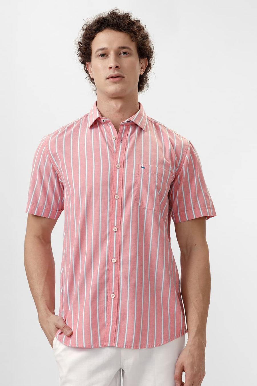 BASICS SLIM FIT PINK BLOSSOM COTTON OXFORD STRIPE HALFSLEEVES SHIRT
