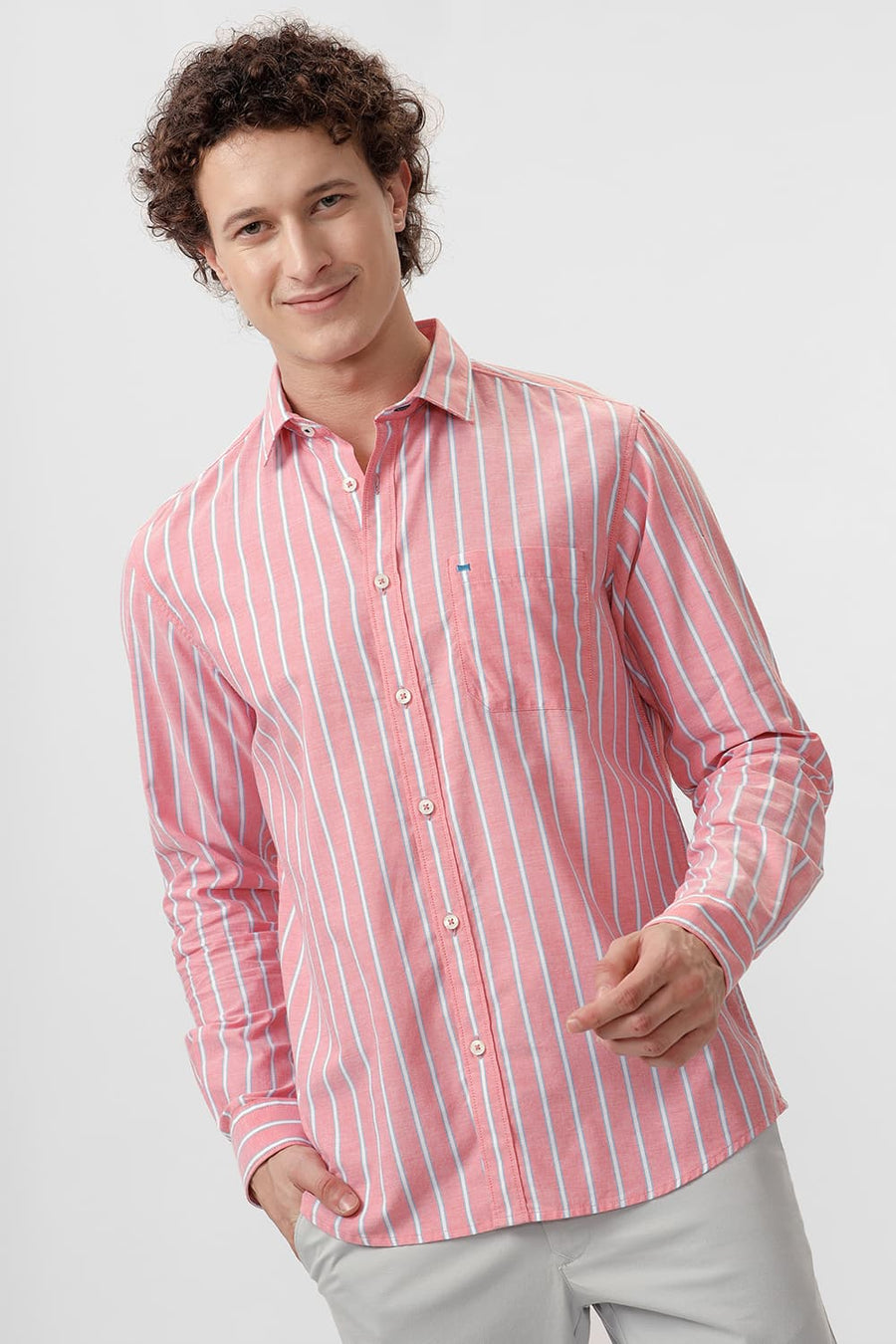 BASICS SLIM FIT PINK BLOSSOM COTTON OXFORD STRIPE SHIRT