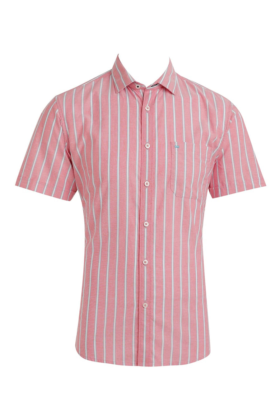 BASICS SLIM FIT PINK BLOSSOM COTTON OXFORD STRIPE HALFSLEEVES SHIRT