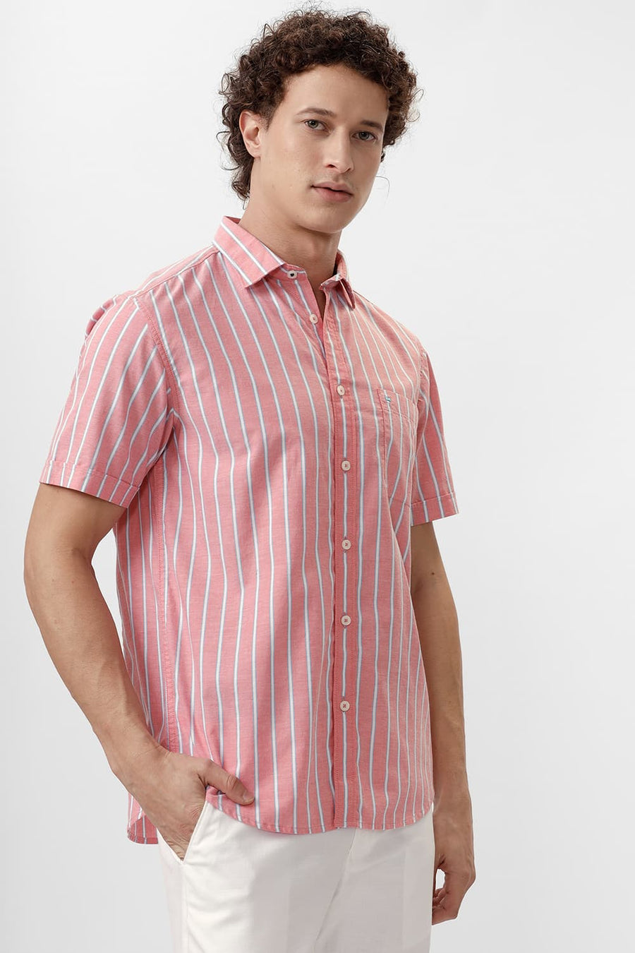 BASICS SLIM FIT PINK BLOSSOM COTTON OXFORD STRIPE HALFSLEEVES SHIRT
