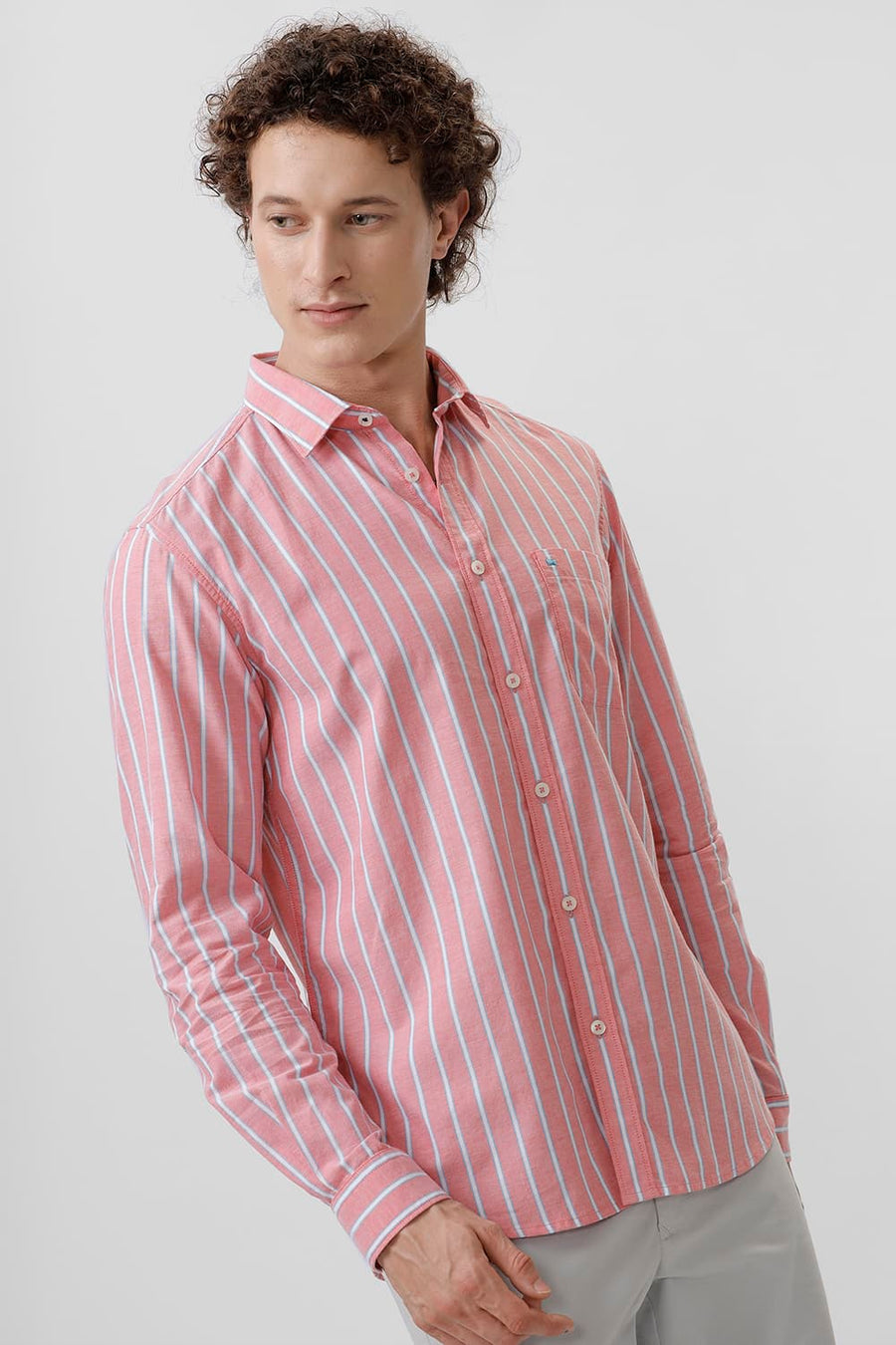 BASICS SLIM FIT PINK BLOSSOM COTTON OXFORD STRIPE SHIRT