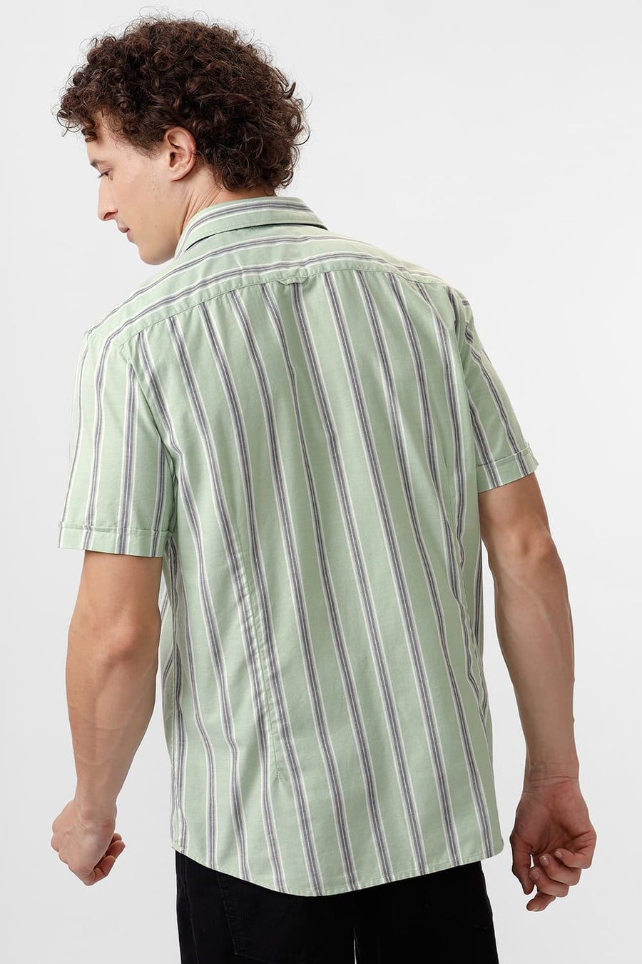 BASICS SLIM FIT ARCADIAN GREEN COTTON OXFORD STRIPE HALFSLEEVES SHIRT