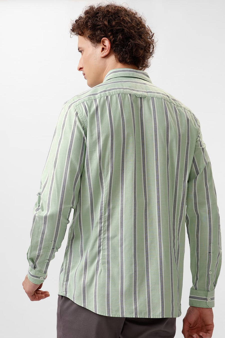 BASICS SLIM FIT ARCADIAN GREEN COTTON OXFORD STRIPE SHIRT