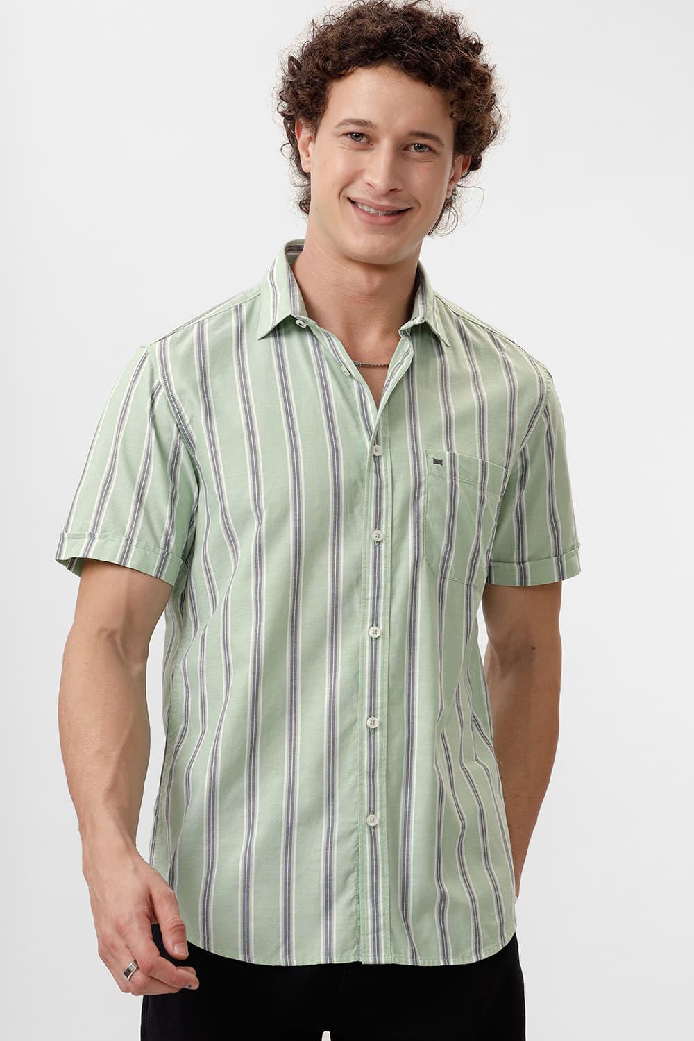 SLIM FIT COTTON OXFORD STRIPE HALFSLEEVES SHIRT