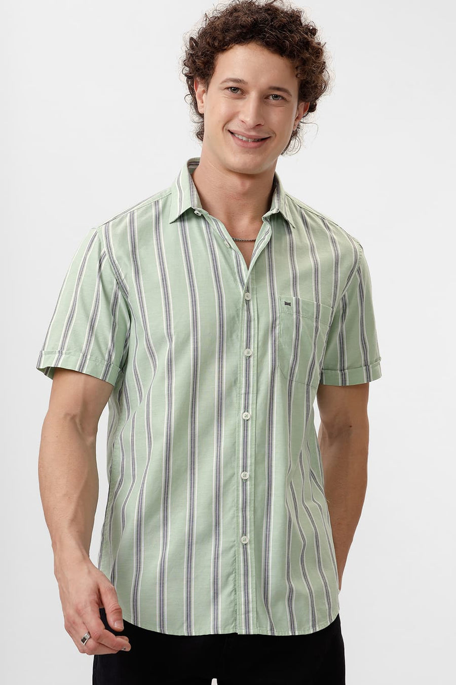 BASICS SLIM FIT ARCADIAN GREEN COTTON OXFORD STRIPE HALFSLEEVES SHIRT