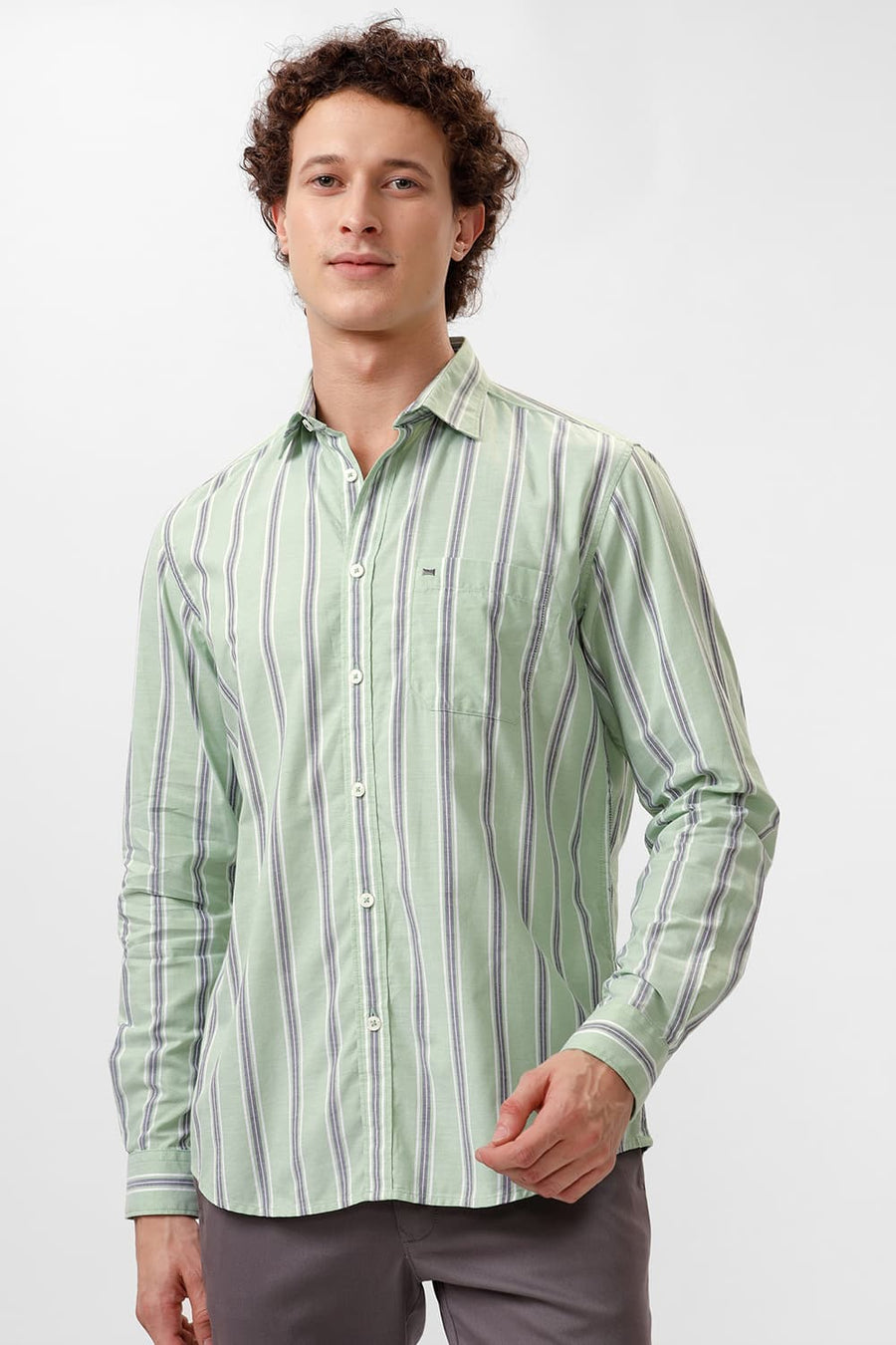 BASICS SLIM FIT ARCADIAN GREEN COTTON OXFORD STRIPE SHIRT