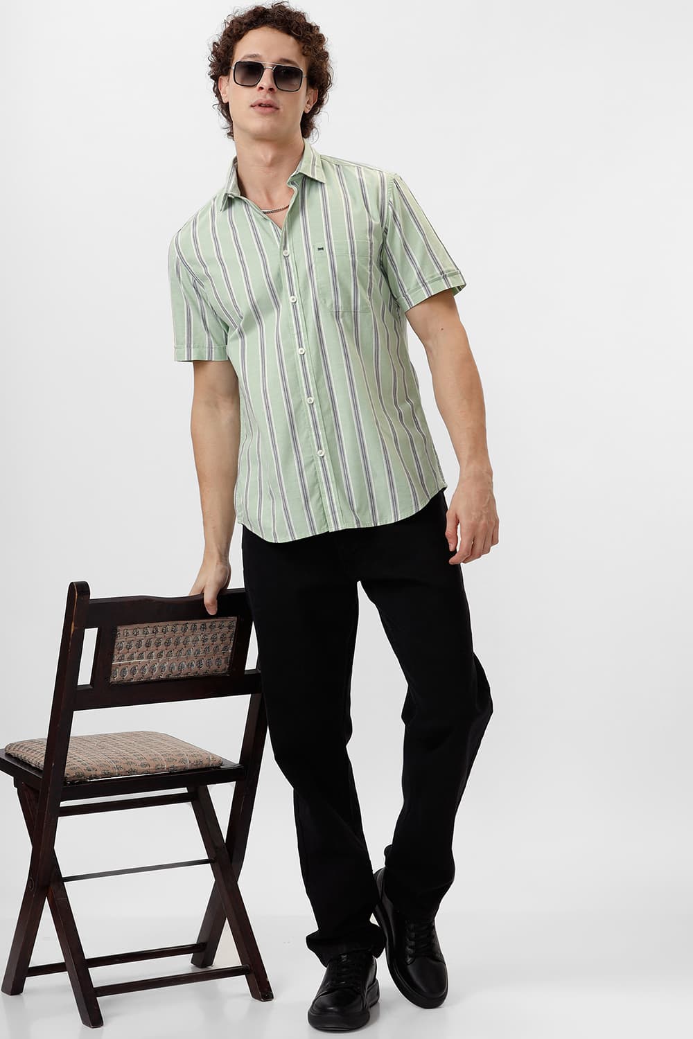 SLIM FIT COTTON OXFORD STRIPE HALFSLEEVES SHIRT