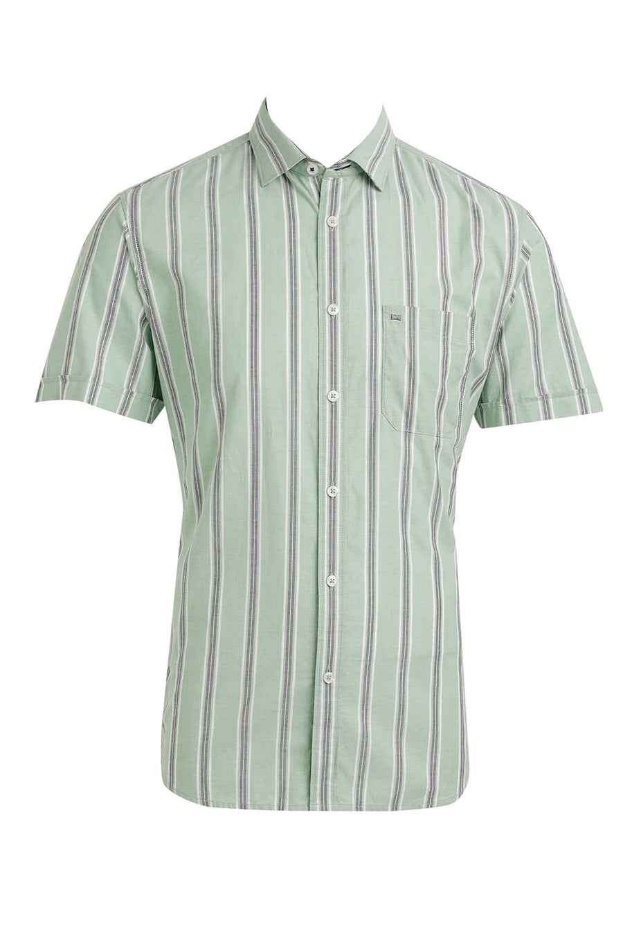 BASICS SLIM FIT ARCADIAN GREEN COTTON OXFORD STRIPE HALFSLEEVES SHIRT